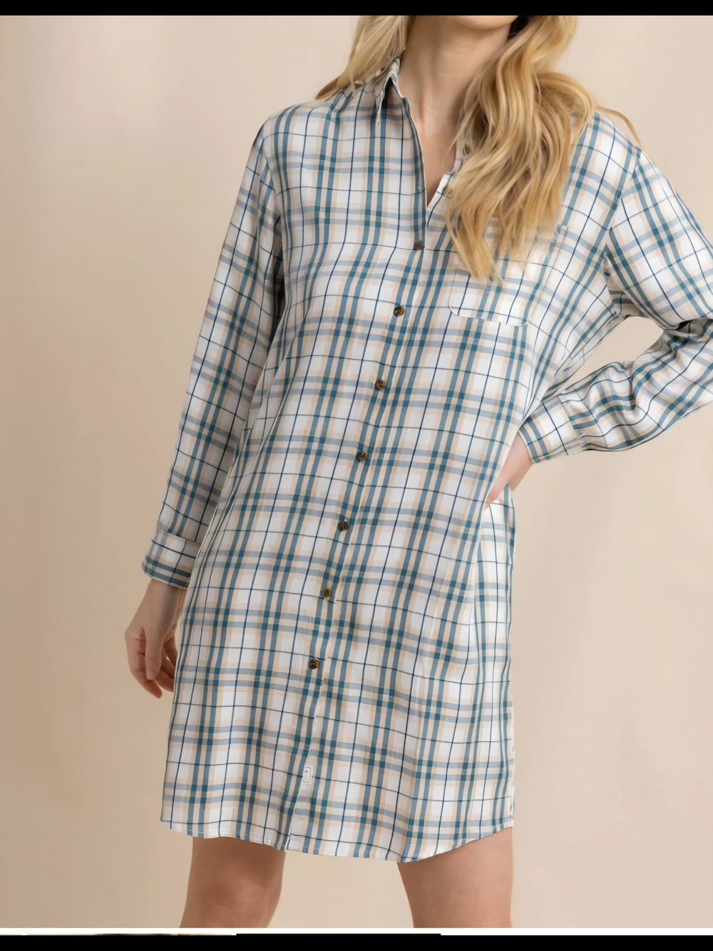 Southern Tide Teal and White Plaid Long Sleeve Shirt Dress